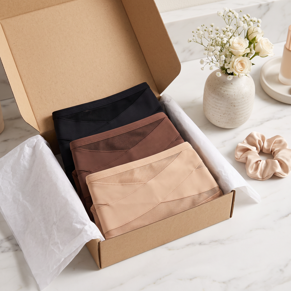 High-rise shaping briefs folded in a gift box