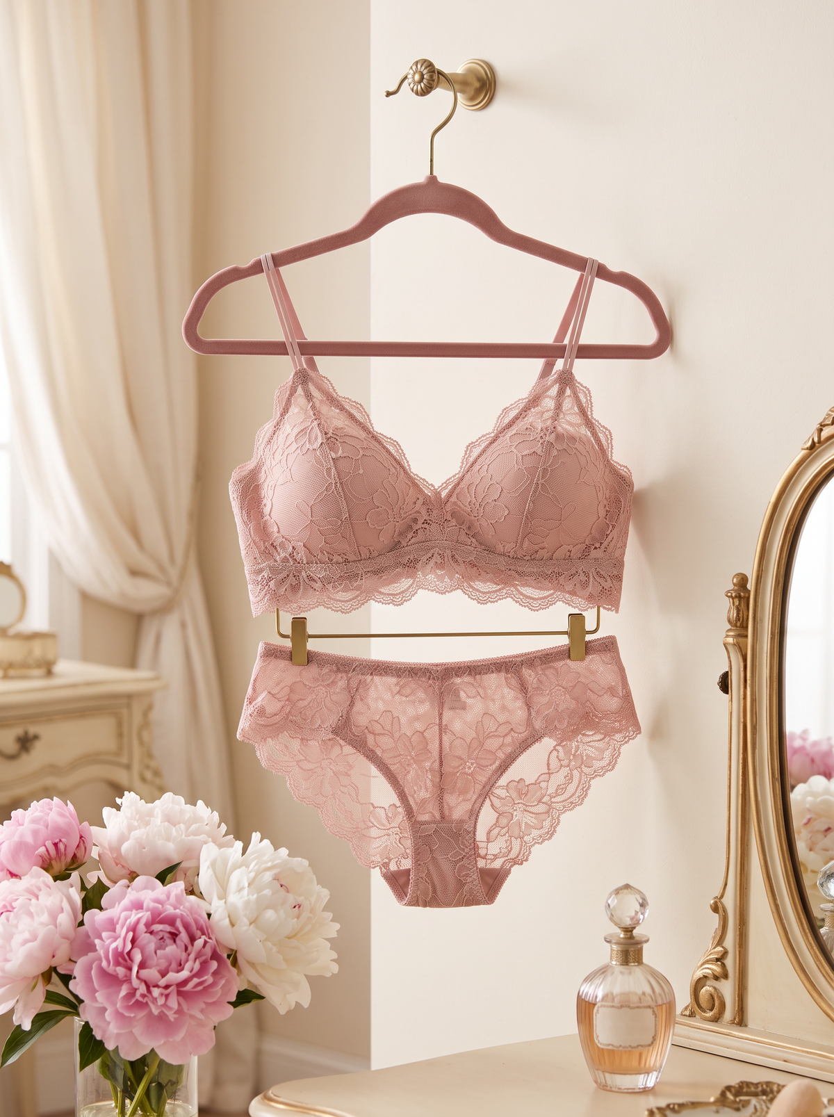 Lace bralette and panty set on a hanger