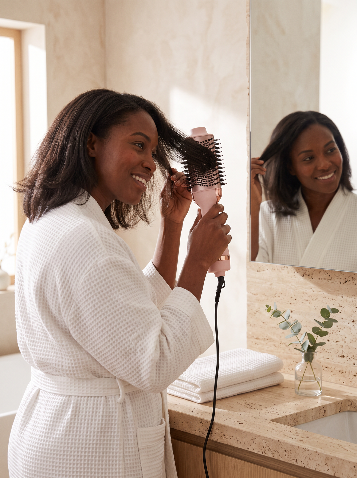 Woman using the blowout hot air brush