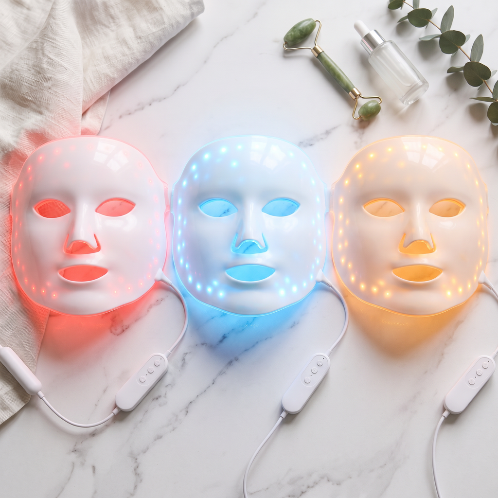 LED face mask light modes red, blue and amber