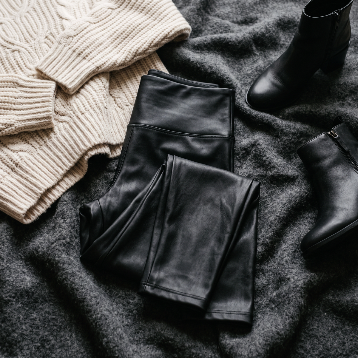 Faux leather leggings folded detail