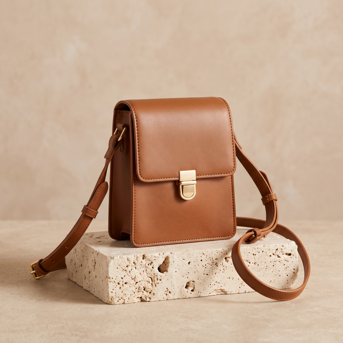 Caramel mini flap crossbody bag
