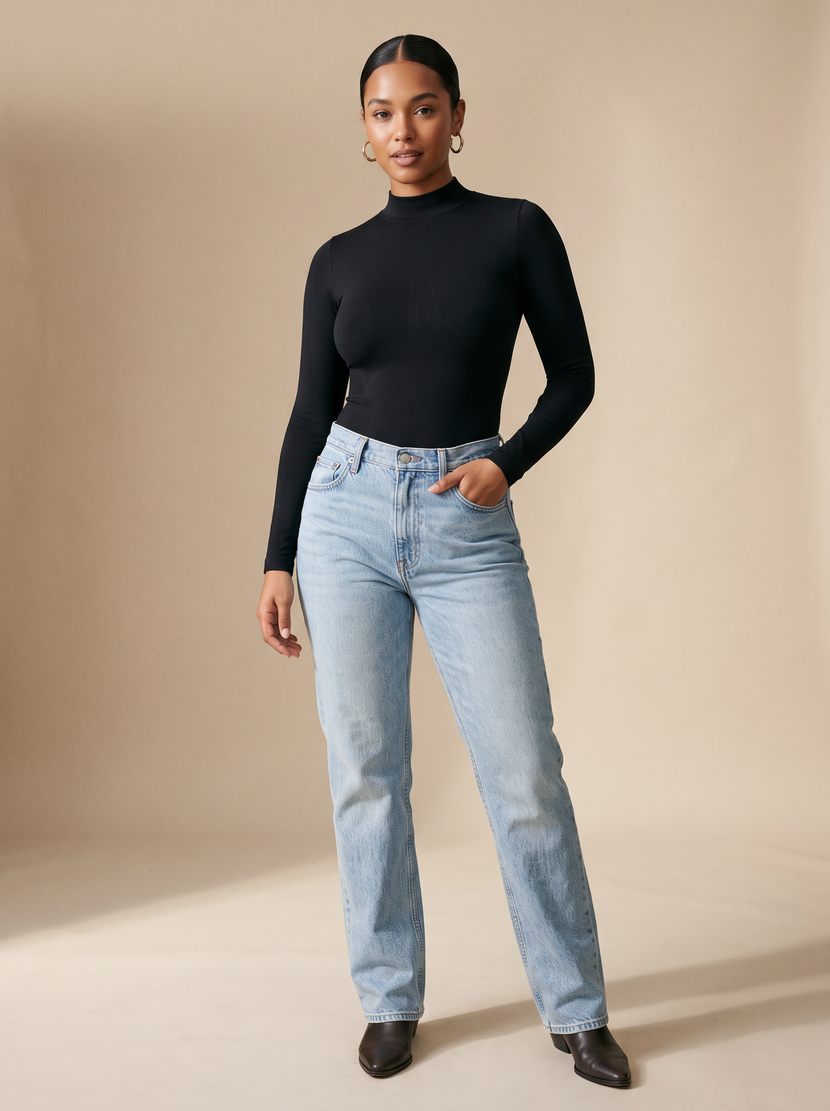 Black Sculpt Seamless Bodysuit with jeans